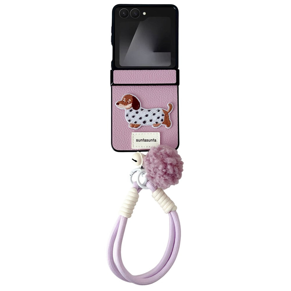 For Samsung Galaxy Z Flip7 5G Case Cute Dog Hinge Protection Litchi Texture Phone Cover with Wrist Strap
