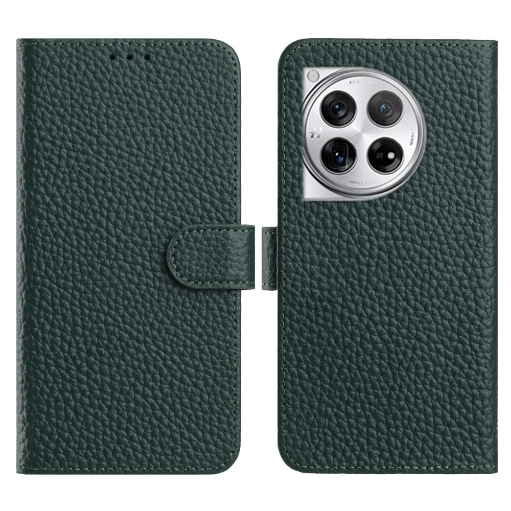 OnePlus 12 5G Plånboksfodral med stativ, litchitextur, äkta nötläder, fällbart mobilfodral