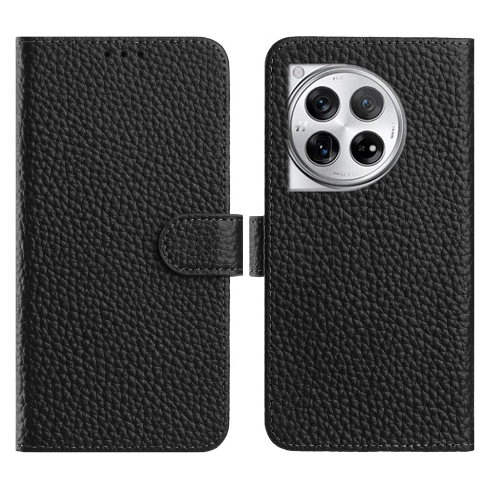 OnePlus 12 5G Plånboksfodral med stativ, litchitextur, äkta nötläder, fällbart mobilfodral