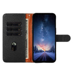 OnePlus 12 5G Plånboksfodral med stativ, litchitextur, äkta nötläder, fällbart mobilfodral