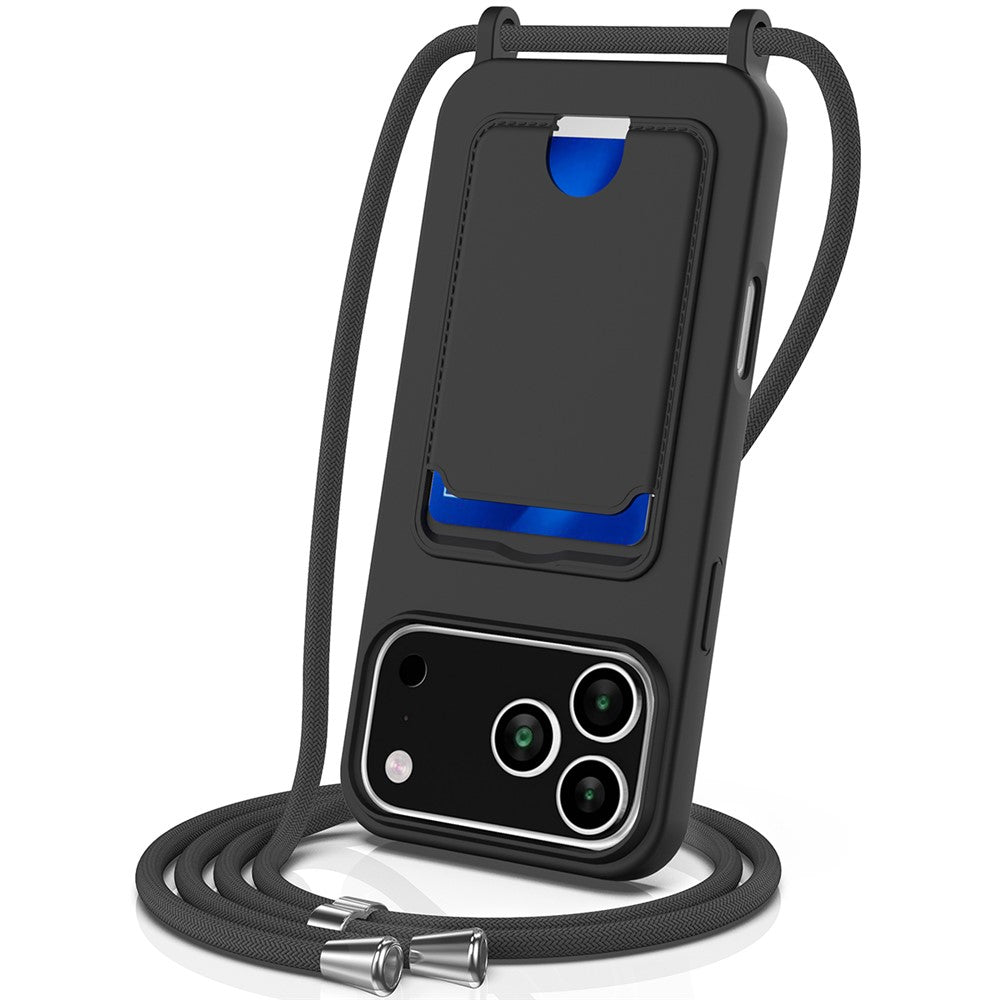 For iPhone 17 Pro Max Case Liquid Silicone Card Holder Back Phone Cover with Lanyard
