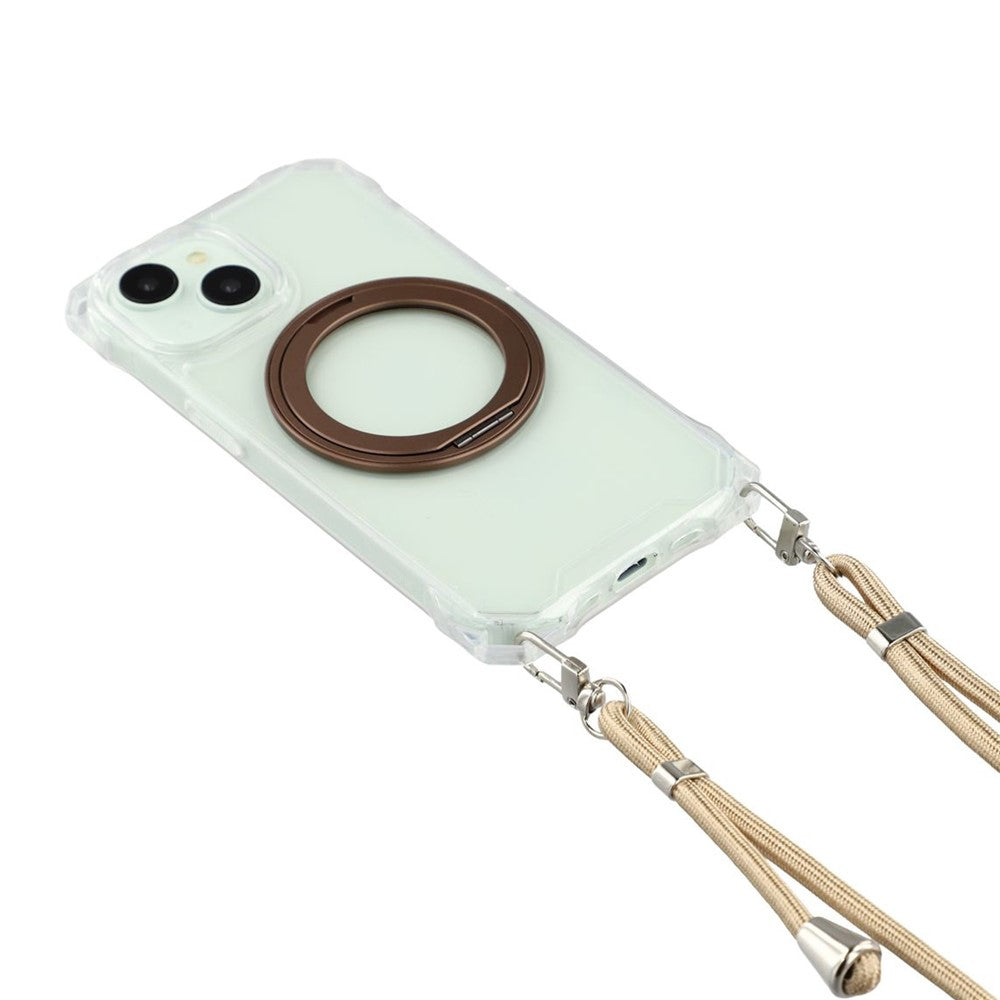 For iPhone 15 Magnetic Case Ring Kickstand TPU + PC Phone Cover with Lanyard