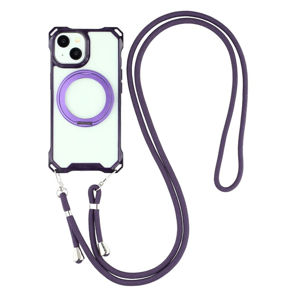 For iPhone 15 Magnetic Case Ring Kickstand TPU + PC Phone Cover with Lanyard