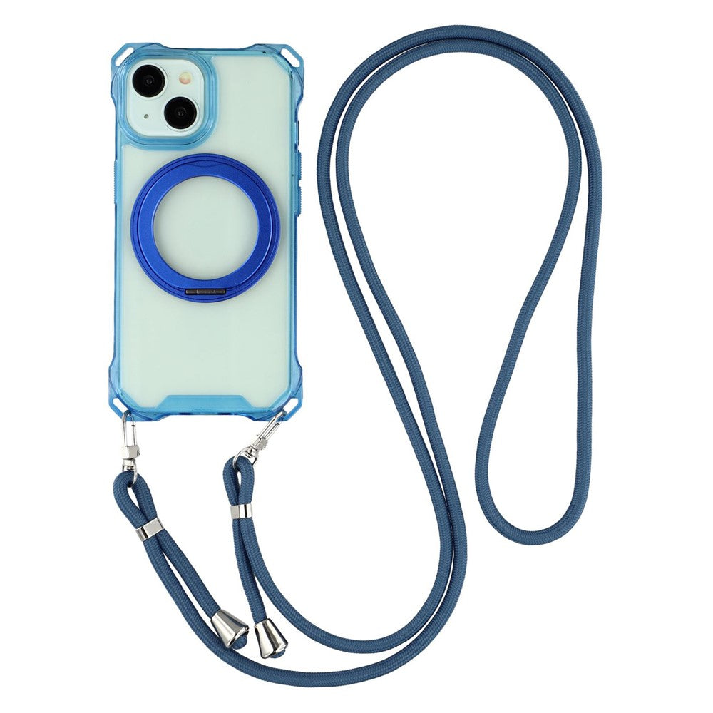 For iPhone 15 Magnetic Case Ring Kickstand TPU + PC Phone Cover with Lanyard