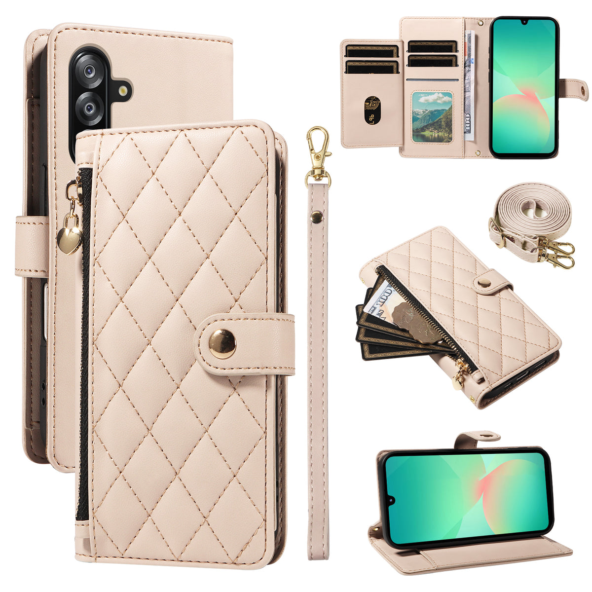 Samsung Galaxy A18 5G / A18 4G A17 5G / A17 4G / A26 5G / A16 5G / A16 4G Plånboksfodral med remmar, rombiskt läderfodral i stativ