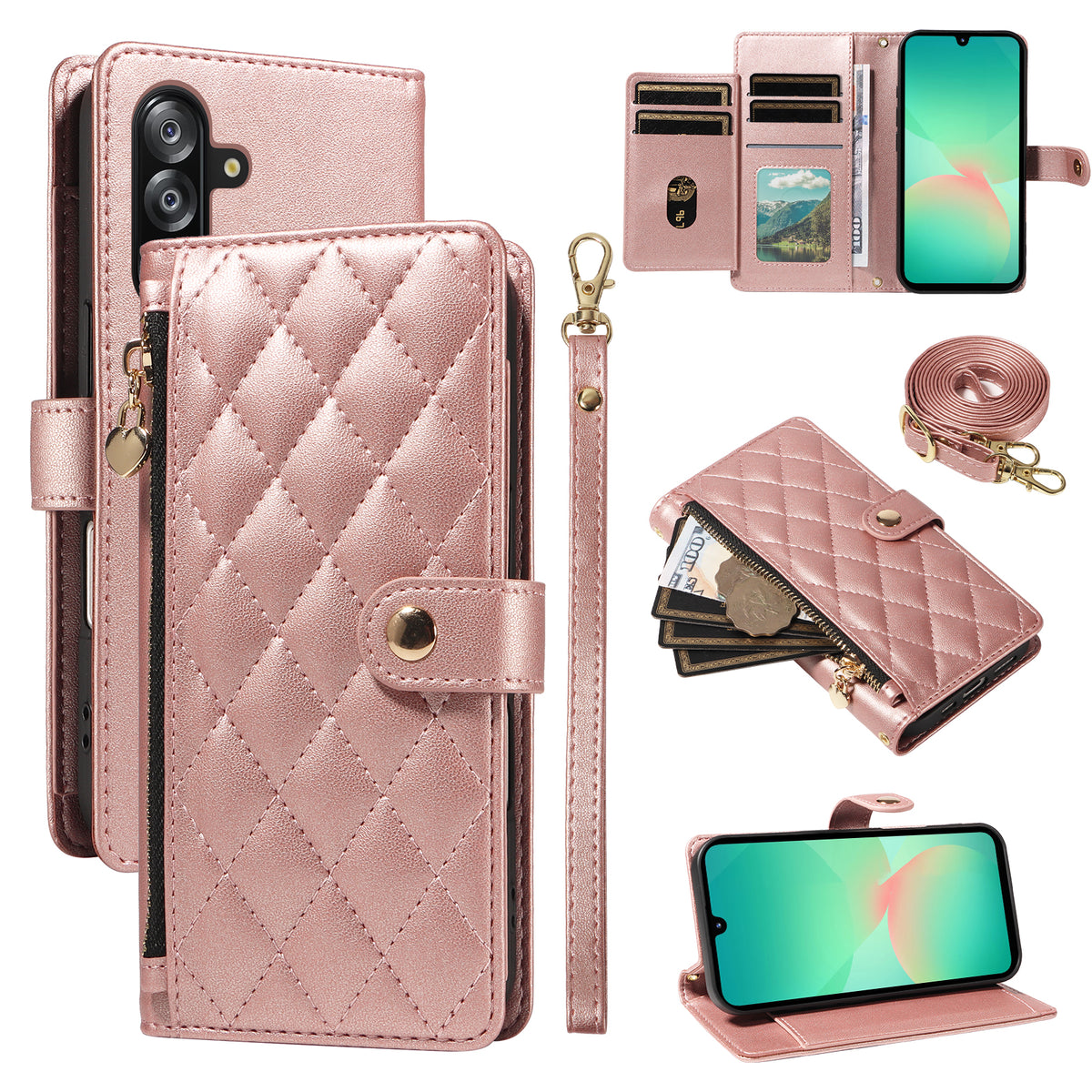 Samsung Galaxy A18 5G / A18 4G A17 5G / A17 4G / A26 5G / A16 5G / A16 4G Plånboksfodral med remmar, rombiskt läderfodral i stativ