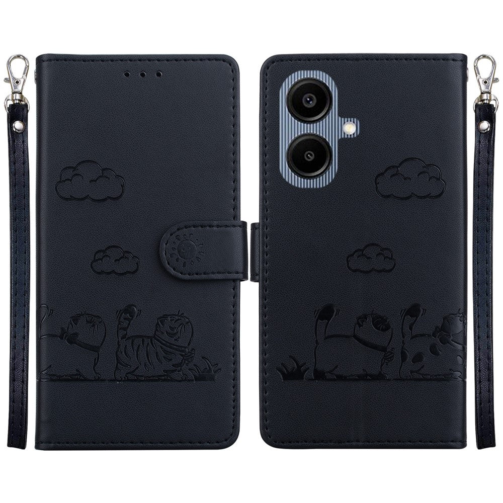For Samsung Galaxy A08 5G / A08 4G / A07 5G / A07 4G / A06 5G / A06 4G Case RFID Blocking Kitten Pattern TPU + PU Leather Phone Cover with Wrist Strap