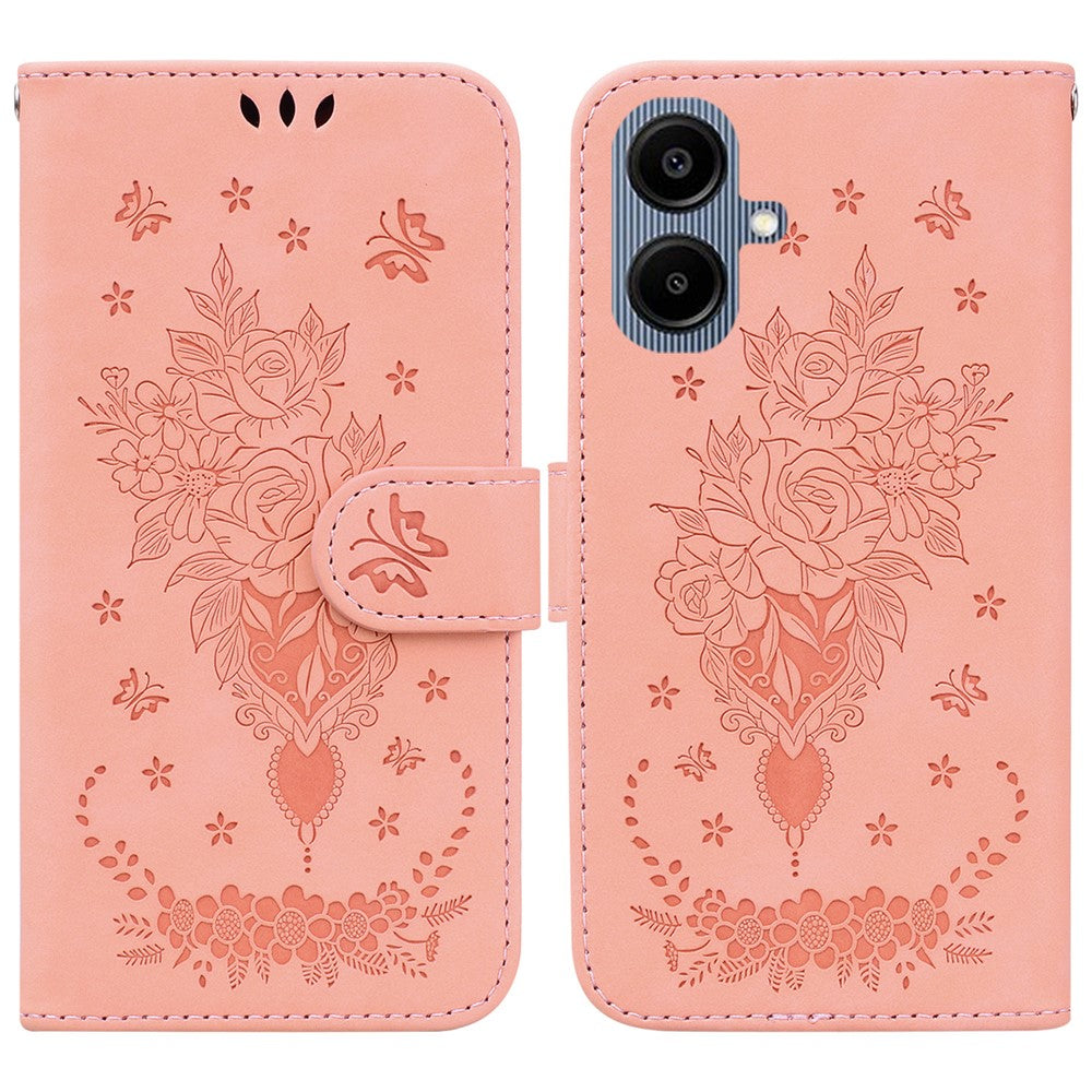 Samsung Galaxy A08 5G / A08 4G / A07 5G / A07s 4G / A06 5G / A06 4G-cover med sommerfugleblomstermotiv, præget PU-læder, pungfodral med rem