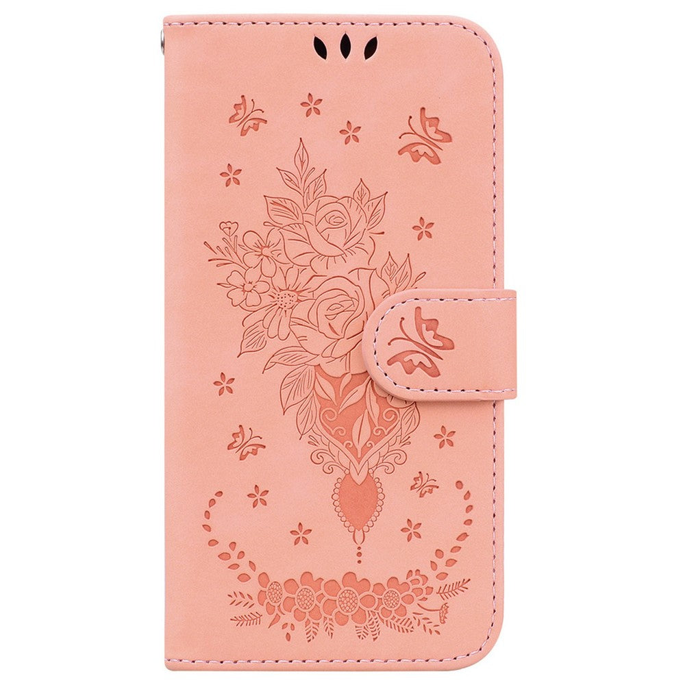 Samsung Galaxy A08 5G / A08 4G / A07 5G / A07s 4G / A06 5G / A06 4G-cover med sommerfugleblomstermotiv, præget PU-læder, pungfodral med rem