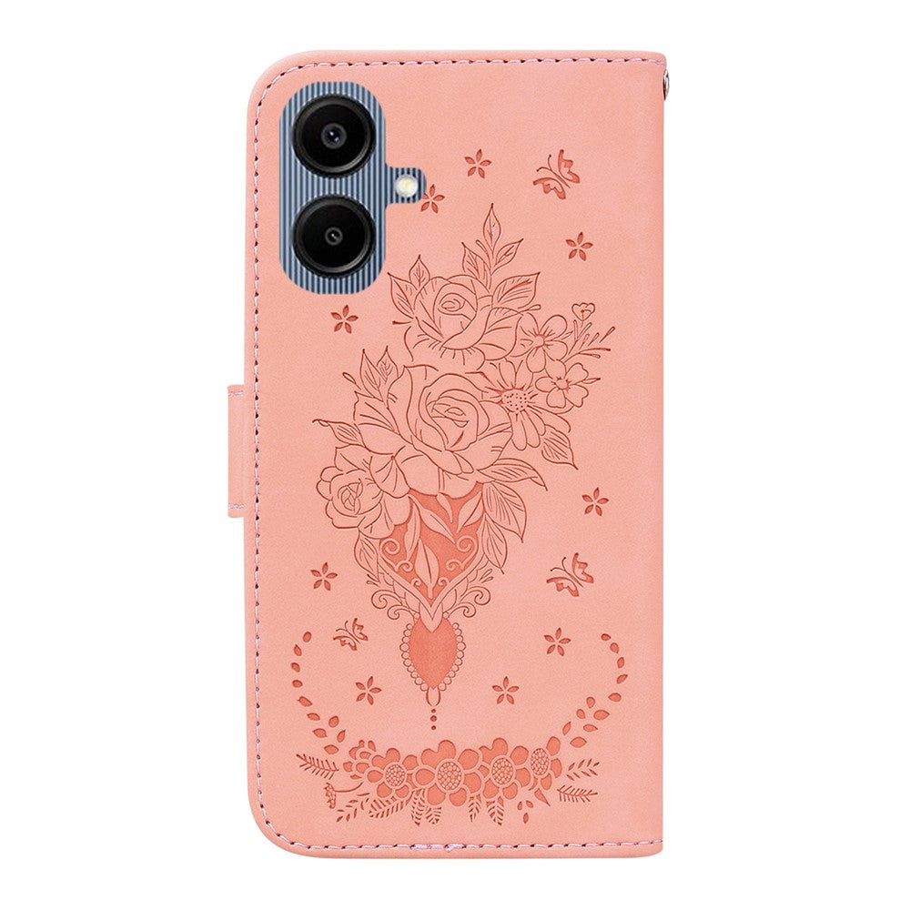 Samsung Galaxy A08 5G / A08 4G / A07 5G / A07s 4G / A06 5G / A06 4G-cover med sommerfugleblomstermotiv, præget PU-læder, pungfodral med rem