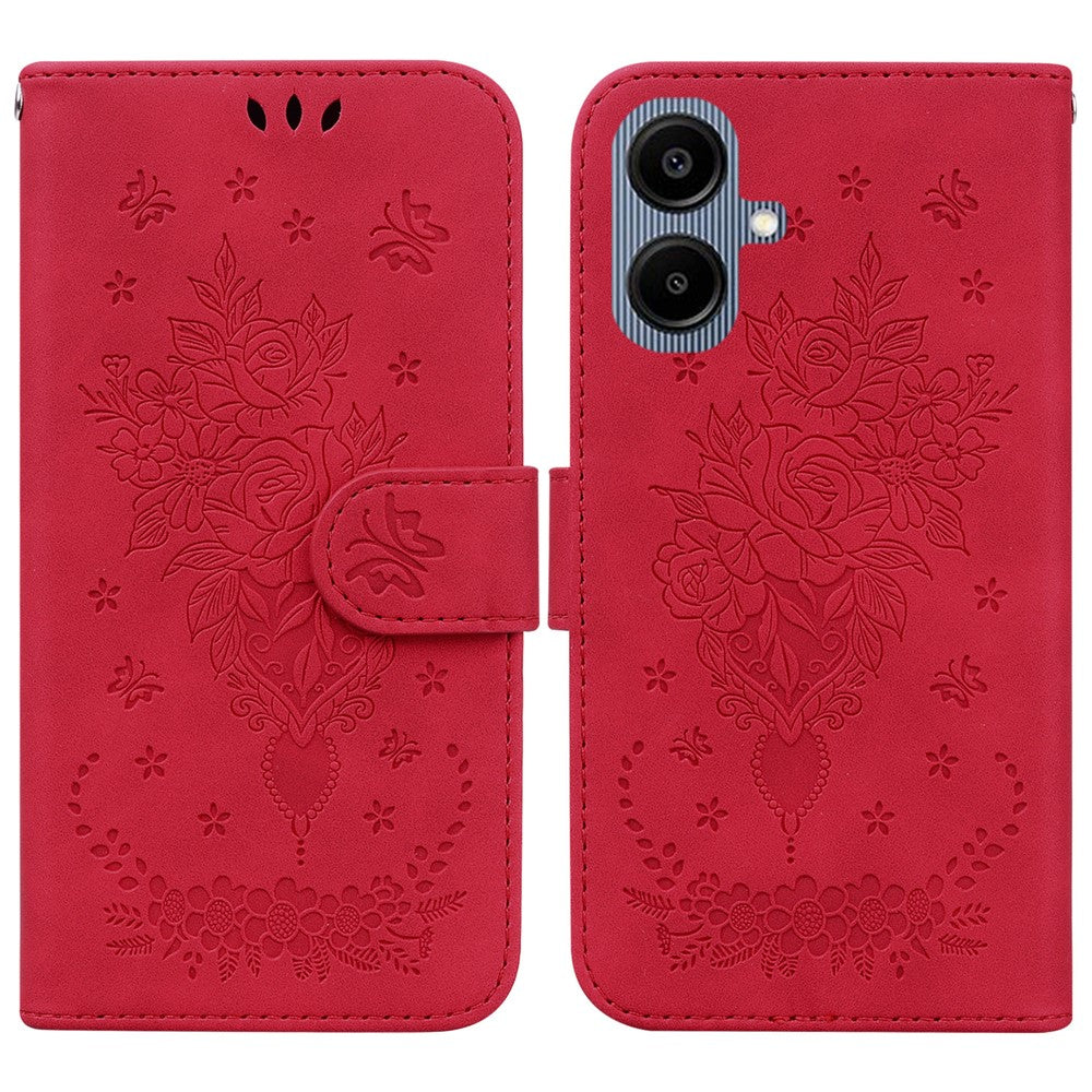 Samsung Galaxy A08 5G / A08 4G / A07 5G / A07s 4G / A06 5G / A06 4G-cover med sommerfugleblomstermotiv, præget PU-læder, pungfodral med rem