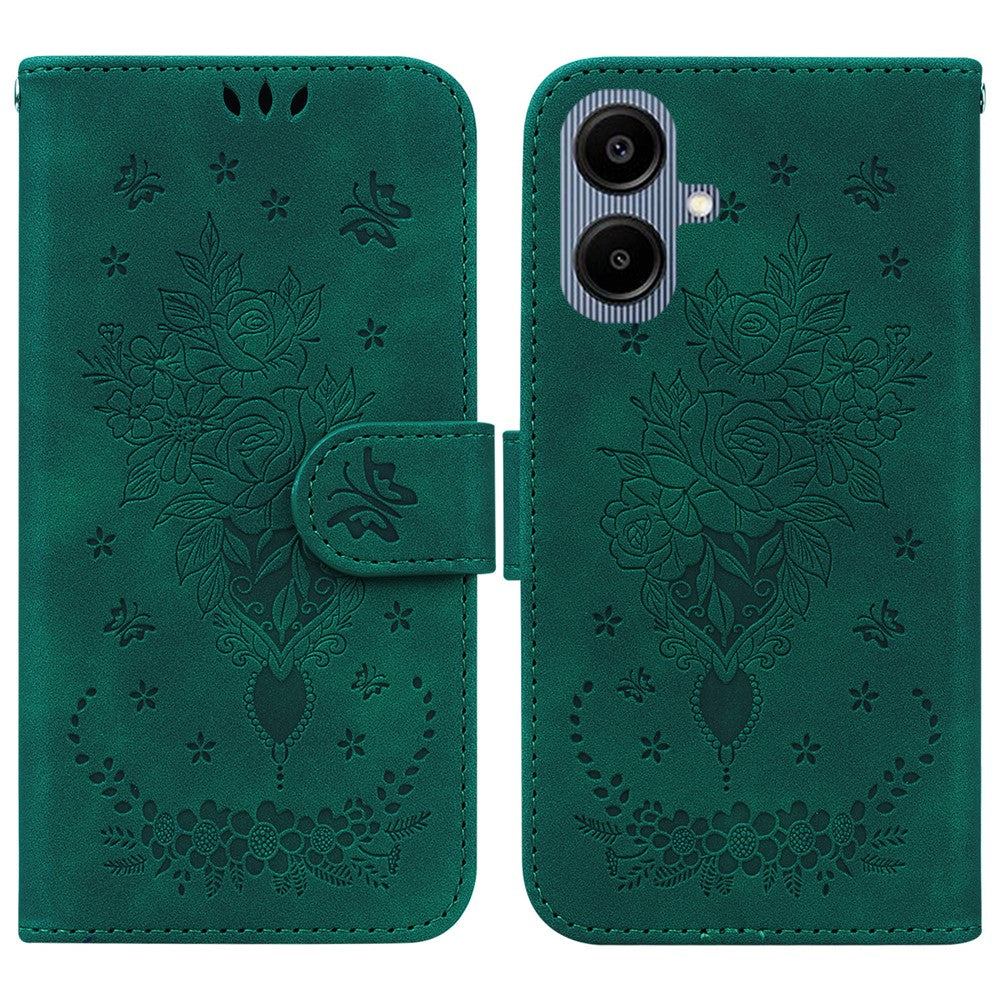 Samsung Galaxy A08 5G / A08 4G / A07 5G / A07s 4G / A06 5G / A06 4G-cover med sommerfugleblomstermotiv, præget PU-læder, pungfodral med rem