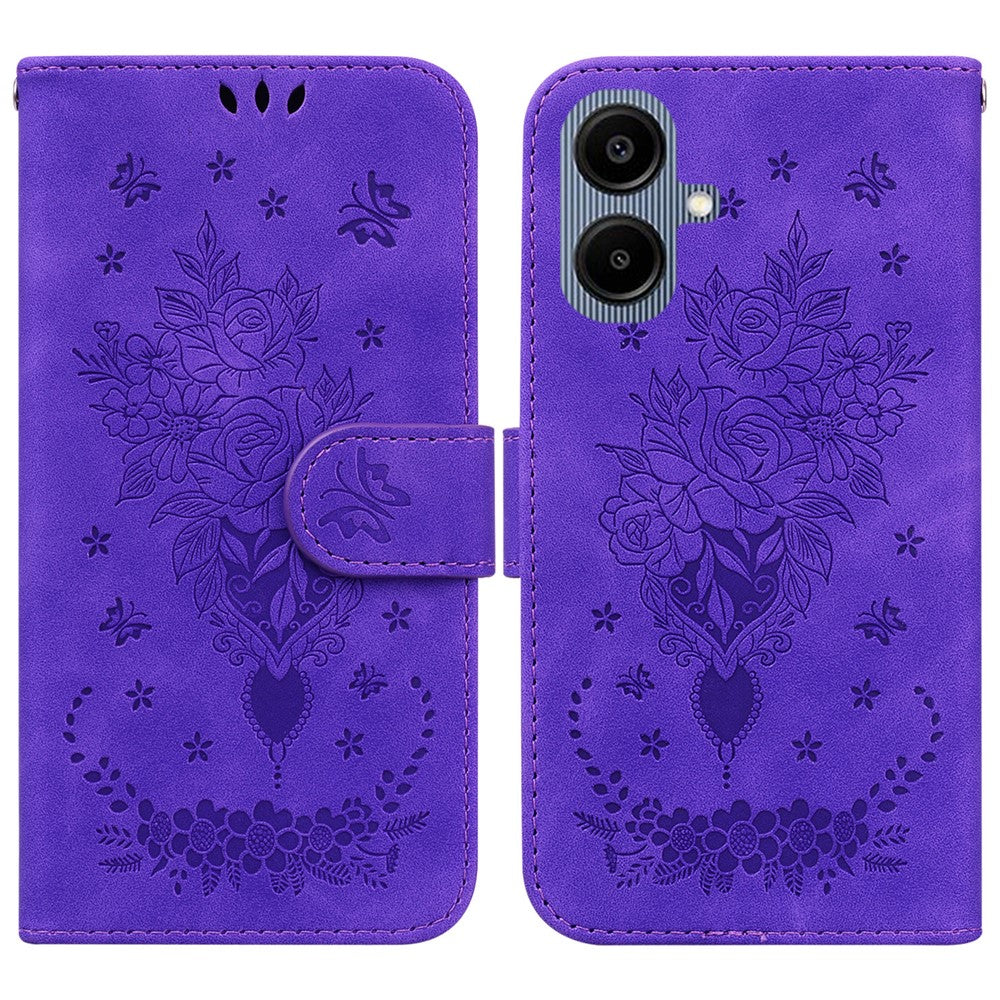Samsung Galaxy A08 5G / A08 4G / A07 5G / A07s 4G / A06 5G / A06 4G-cover med sommerfugleblomstermotiv, præget PU-læder, pungfodral med rem