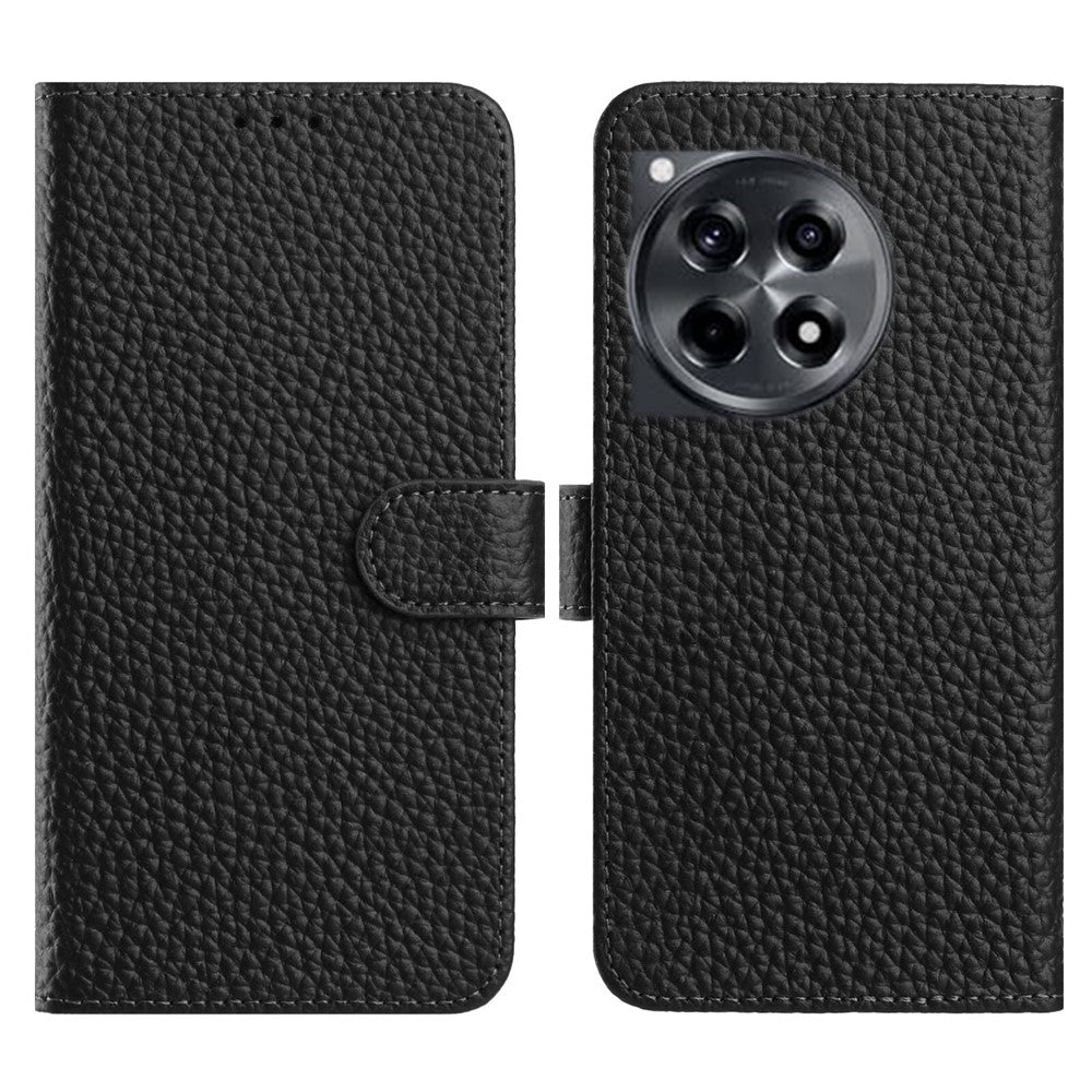 OnePlus 12R 5G-pungeetui med stativ i ægte okselæder med litchi-tekstur.