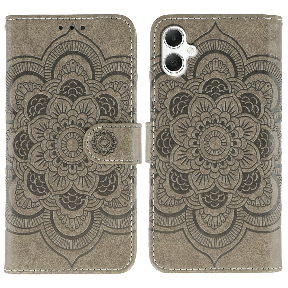 Samsung Galaxy A05 4G-skal i PU-läder med mandala-präglad design och plånboksfodral med handledsrem