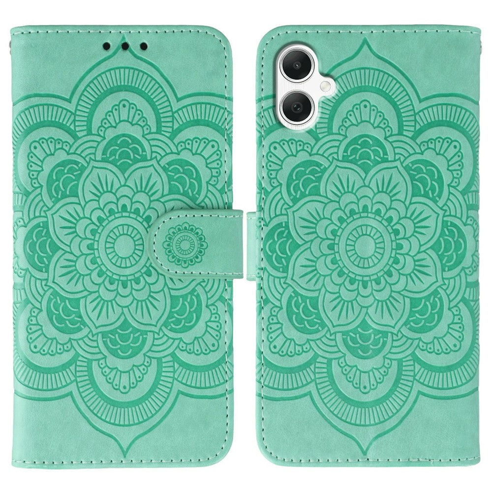 Samsung Galaxy A05 4G-skal i PU-läder med mandala-präglad design och plånboksfodral med handledsrem