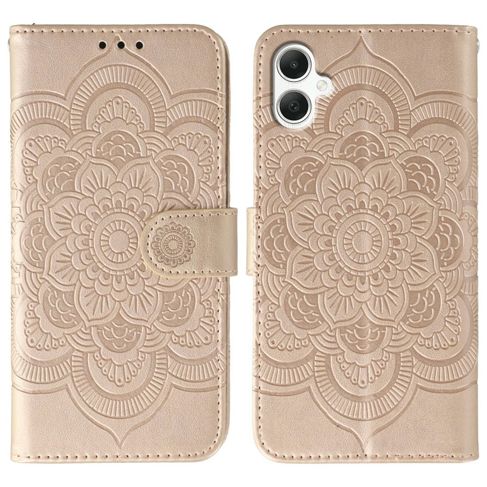 Samsung Galaxy A05 4G-skal i PU-läder med mandala-präglad design och plånboksfodral med handledsrem