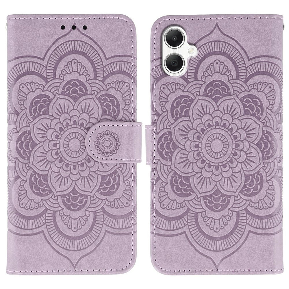 Samsung Galaxy A05 4G-skal i PU-läder med mandala-präglad design och plånboksfodral med handledsrem