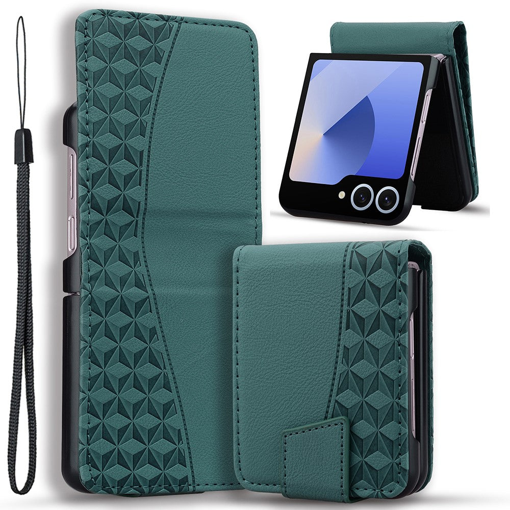 Til Samsung Galaxy Z Flip7 5G Etui Rhombus Mønster Læder Telefoncover med Håndrem