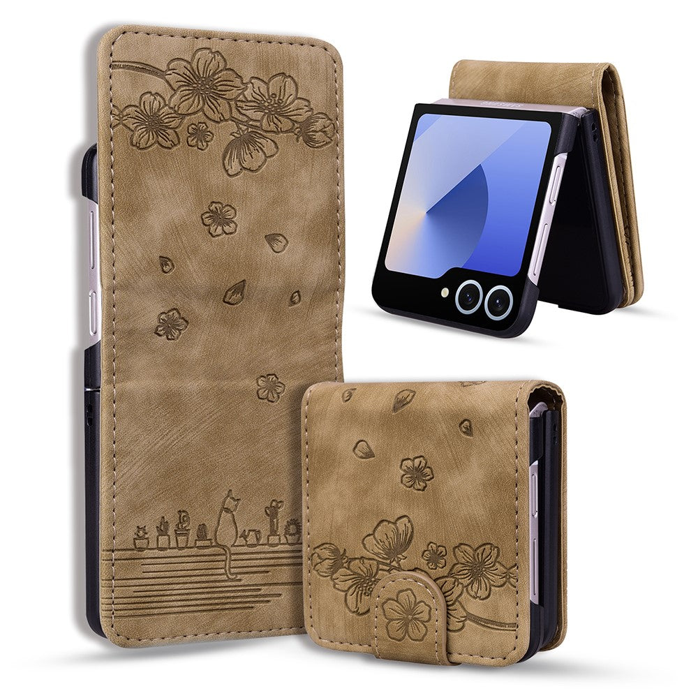 For Samsung Galaxy Z Flip7 5G Case Cherry Blossom Cat Leather Phone Cover with Card Slot