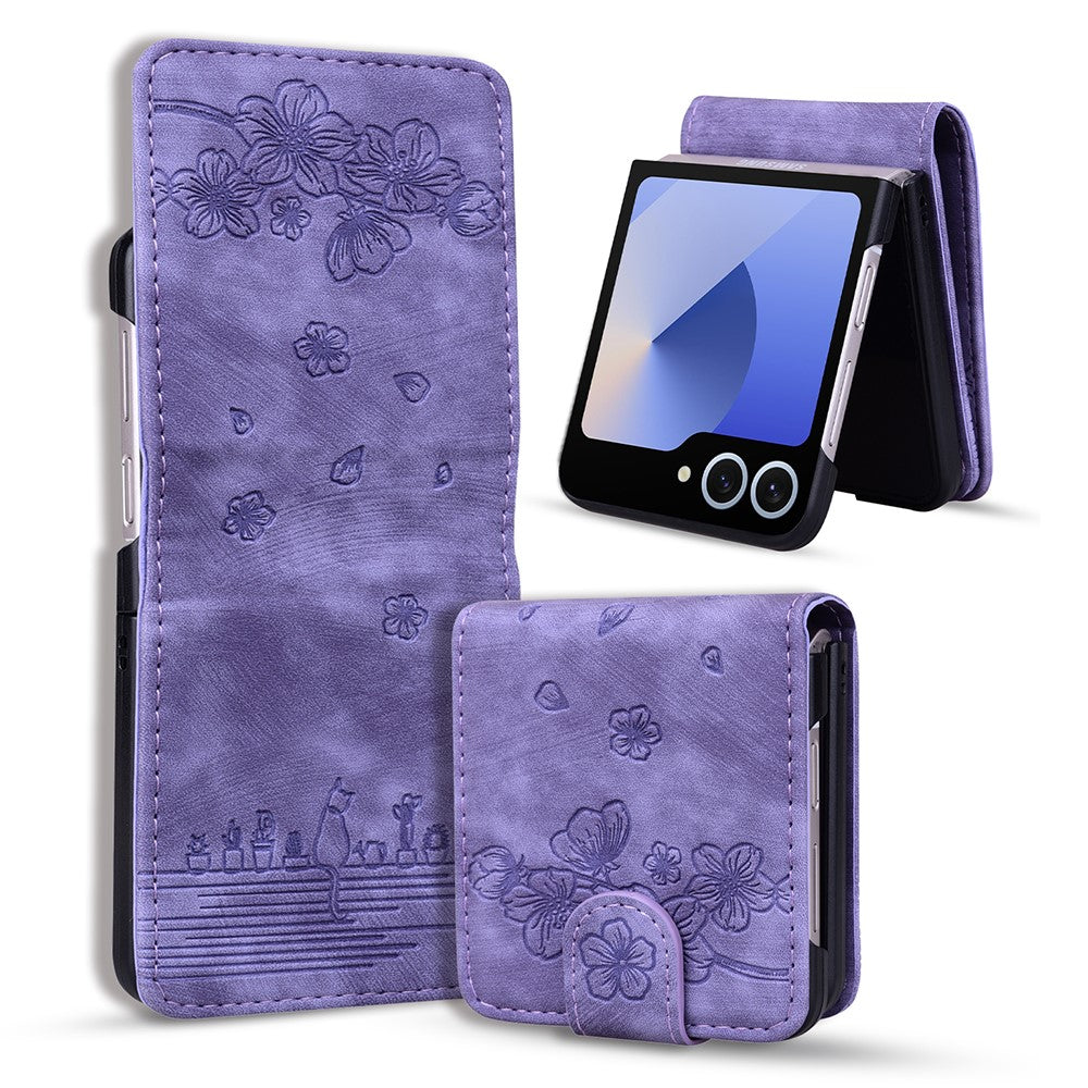 For Samsung Galaxy Z Flip7 5G Case Cherry Blossom Cat Leather Phone Cover with Card Slot