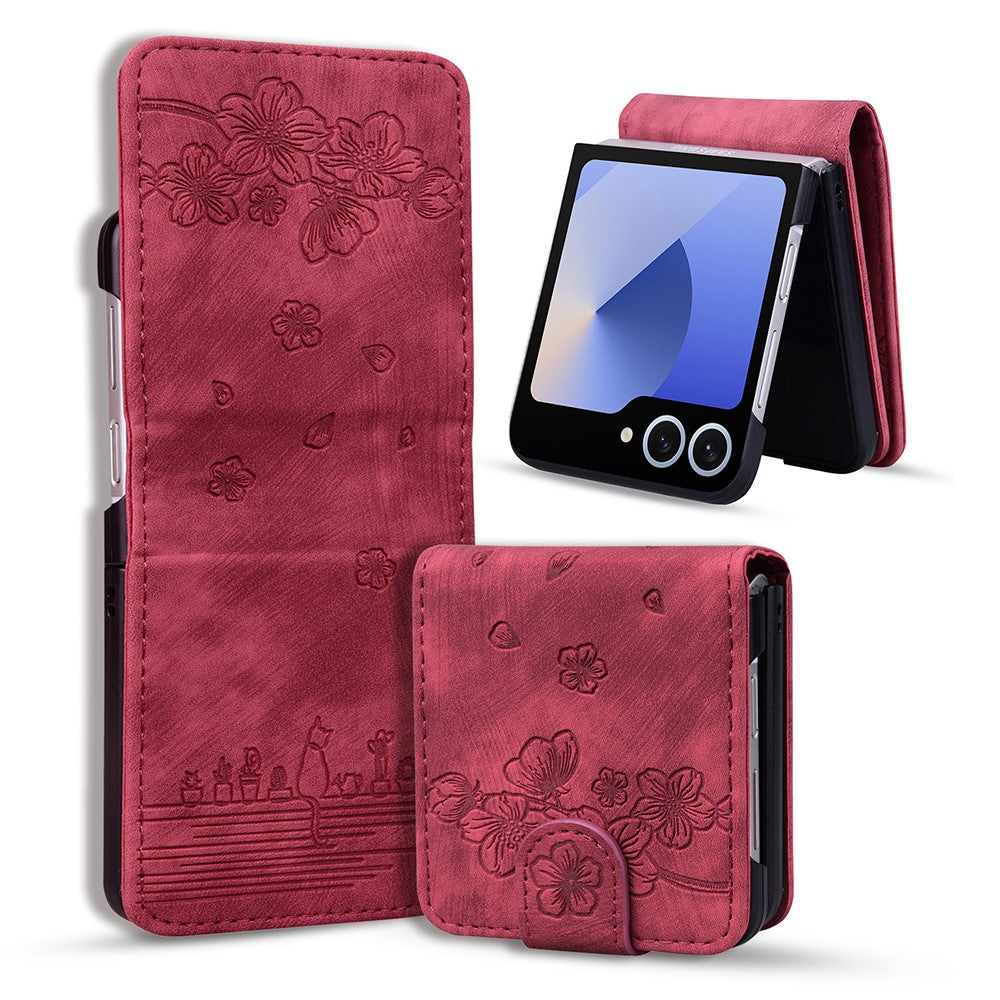 For Samsung Galaxy Z Flip7 5G Case Cherry Blossom Cat Leather Phone Cover with Card Slot
