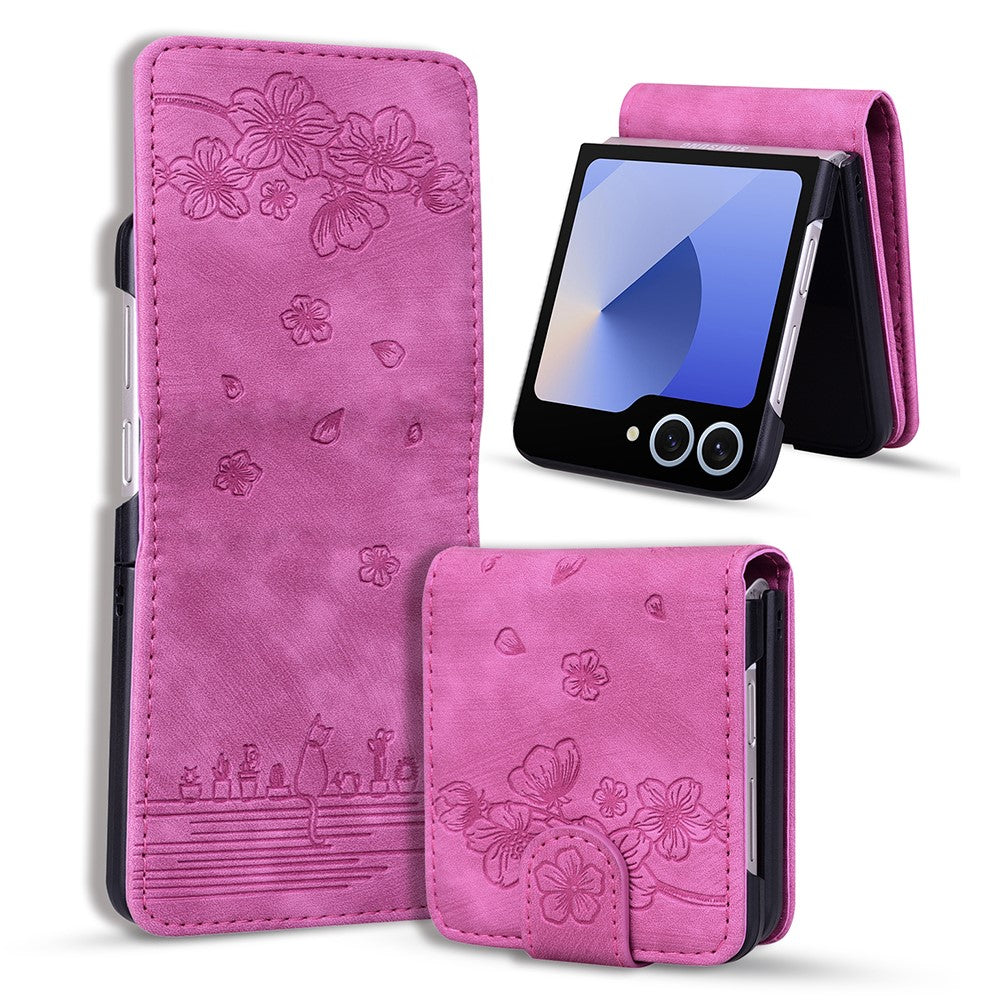 For Samsung Galaxy Z Flip7 5G Case Cherry Blossom Cat Leather Phone Cover with Card Slot