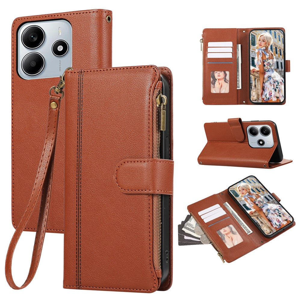 For Xiaomi Redmi Note 14 5G Case Multi Card Slots Zipper Leather Phone Cover with Wrist Strap
