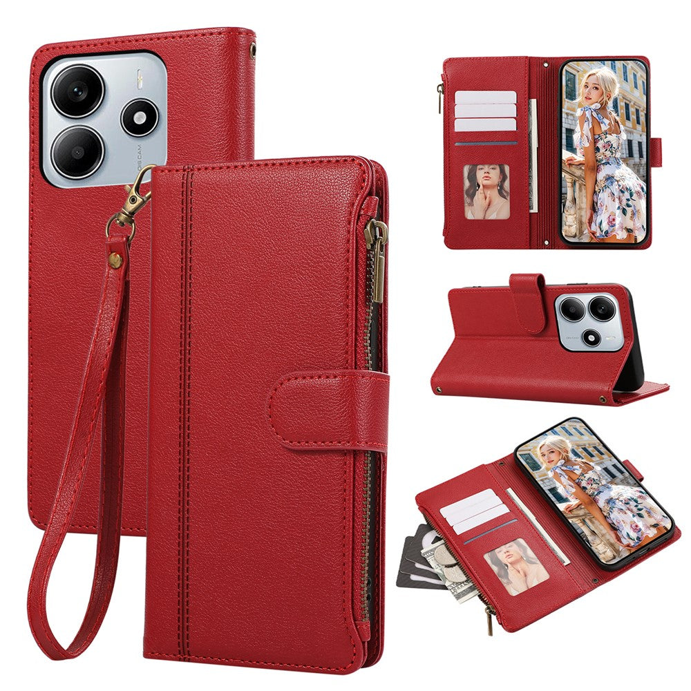 For Xiaomi Redmi Note 14 5G Case Multi Card Slots Zipper Leather Phone Cover with Wrist Strap