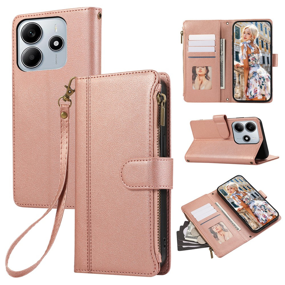 For Xiaomi Redmi Note 14 5G Case Multi Card Slots Zipper Leather Phone Cover with Wrist Strap