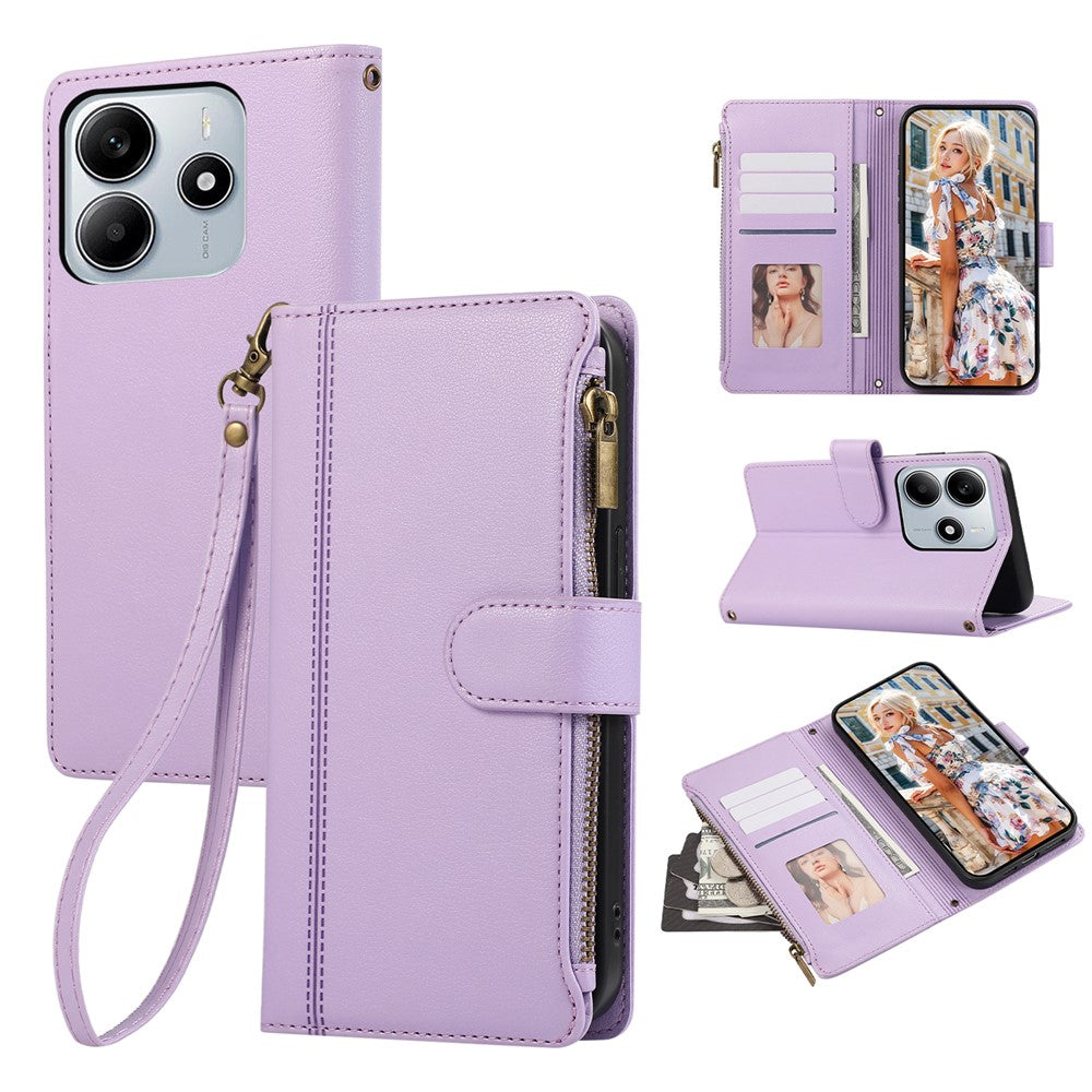 For Xiaomi Redmi Note 14 5G Case Multi Card Slots Zipper Leather Phone Cover with Wrist Strap