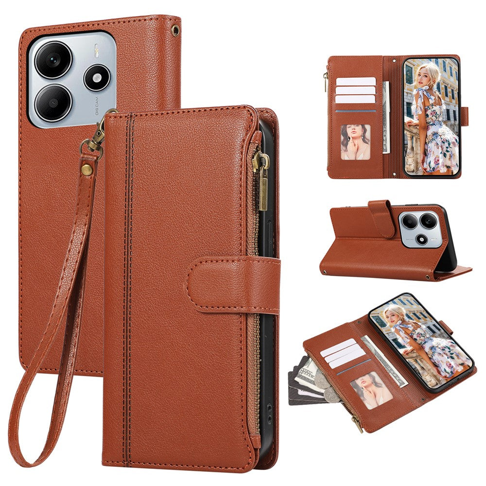 For Xiaomi Redmi Note 14 4G (164.84mm) Case Multi Card Slots Zipper Leather Phone Cover with Wrist Strap
