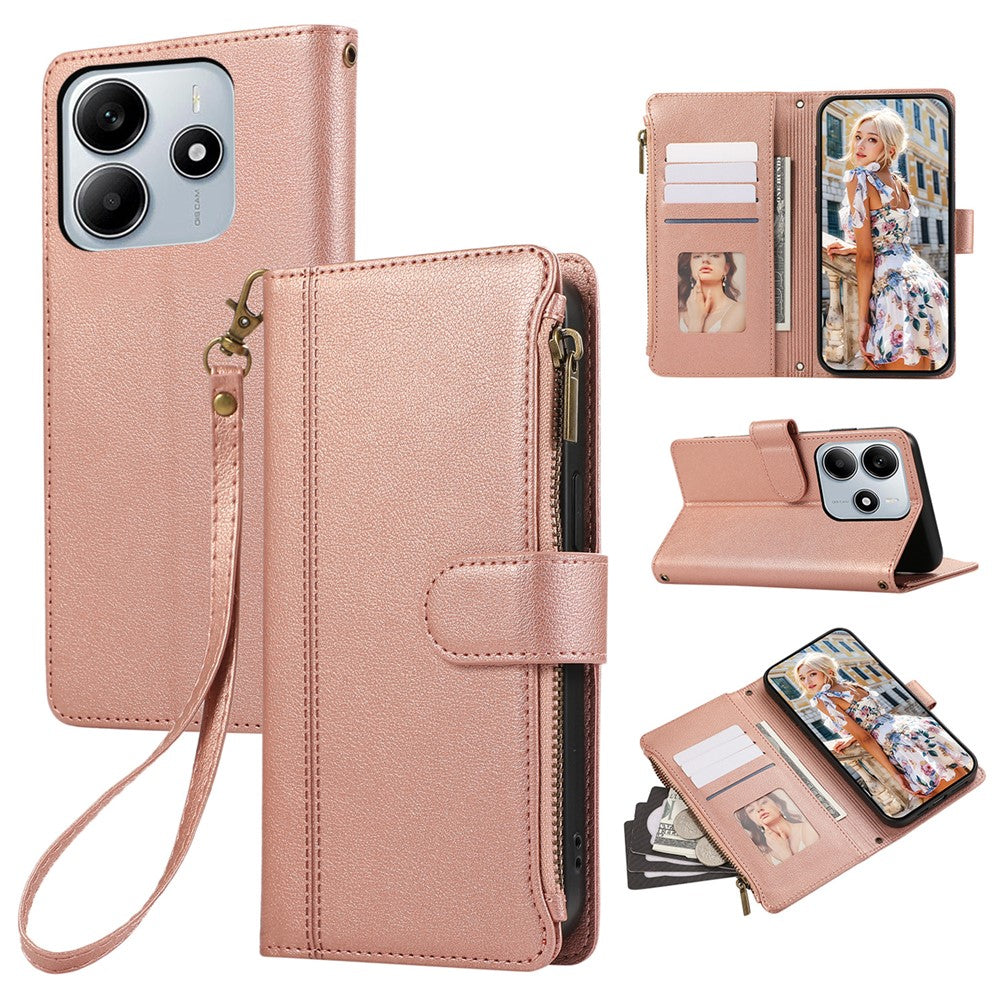For Xiaomi Redmi Note 14 4G (164.84mm) Case Multi Card Slots Zipper Leather Phone Cover with Wrist Strap