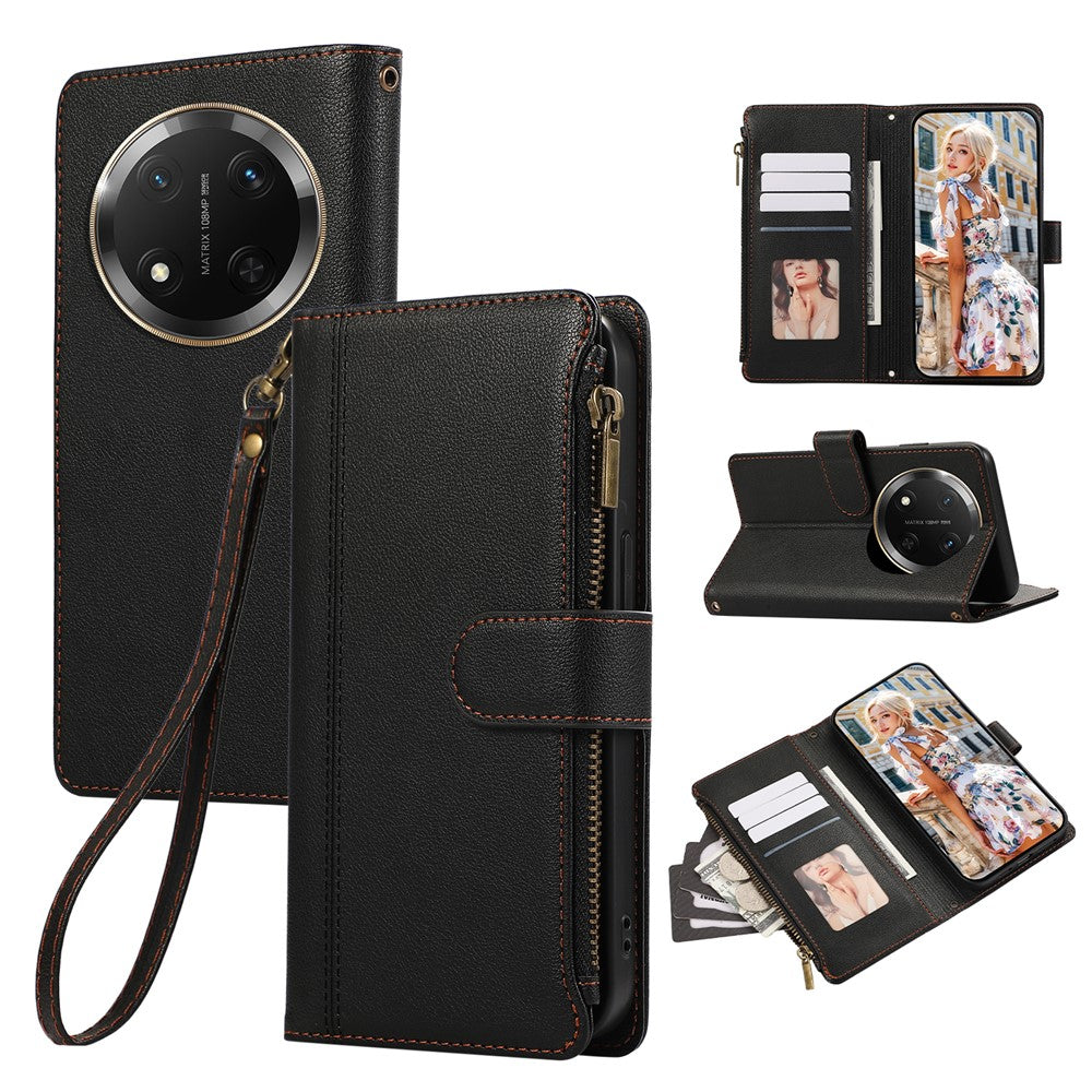 For Honor X60 Pro 5G  /  X9c 5G  /  Magic7 Lite 5G Case Multi Card Slots Zipper Leather Phone Cover with Wrist Strap