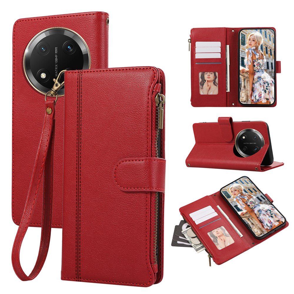 For Honor X60 Pro 5G  /  X9c 5G  /  Magic7 Lite 5G Case Multi Card Slots Zipper Leather Phone Cover with Wrist Strap