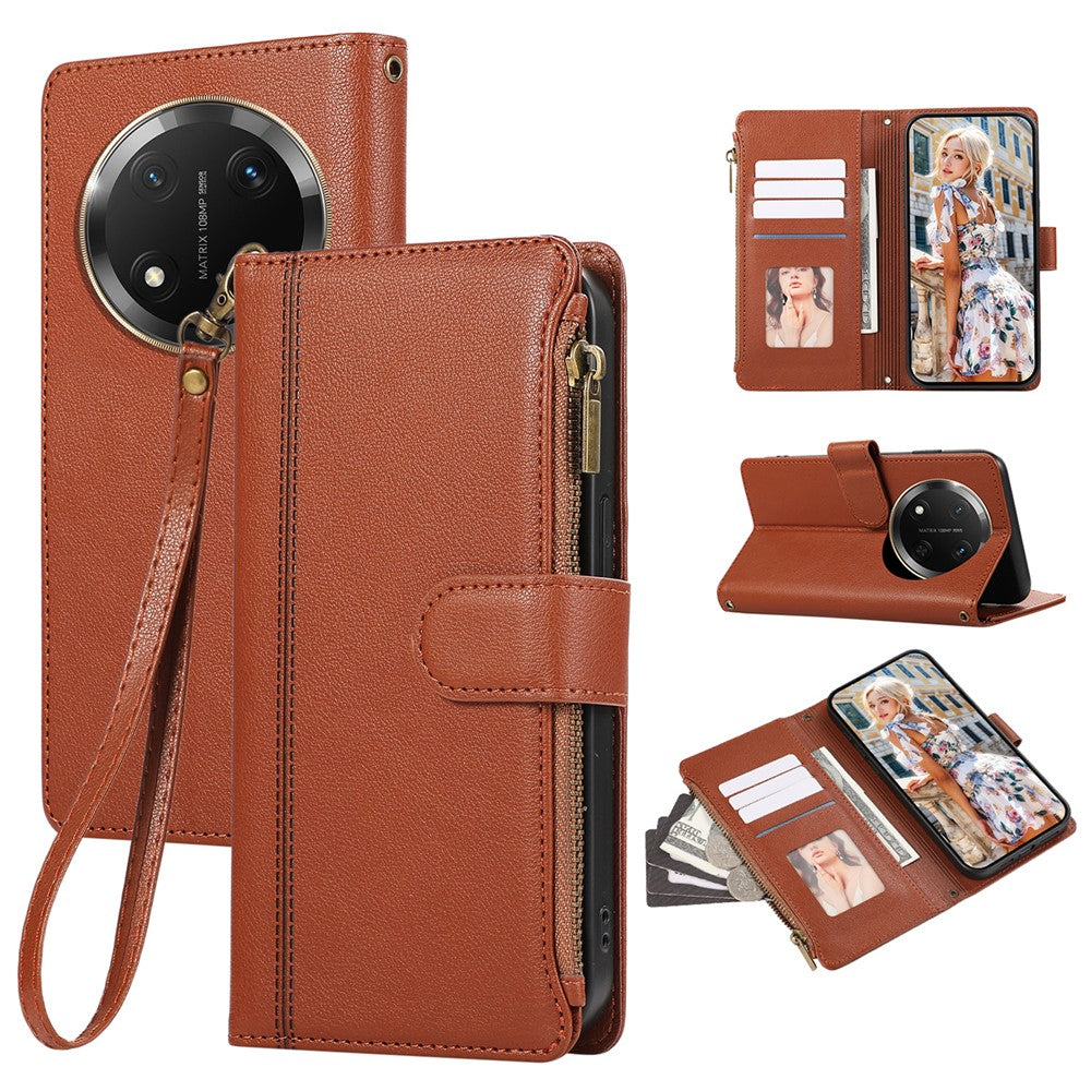 For Honor X60 Pro 5G  /  X9c 5G  /  Magic7 Lite 5G Case Multi Card Slots Zipper Leather Phone Cover with Wrist Strap