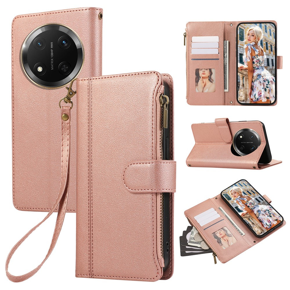 For Honor X60 Pro 5G  /  X9c 5G  /  Magic7 Lite 5G Case Multi Card Slots Zipper Leather Phone Cover with Wrist Strap