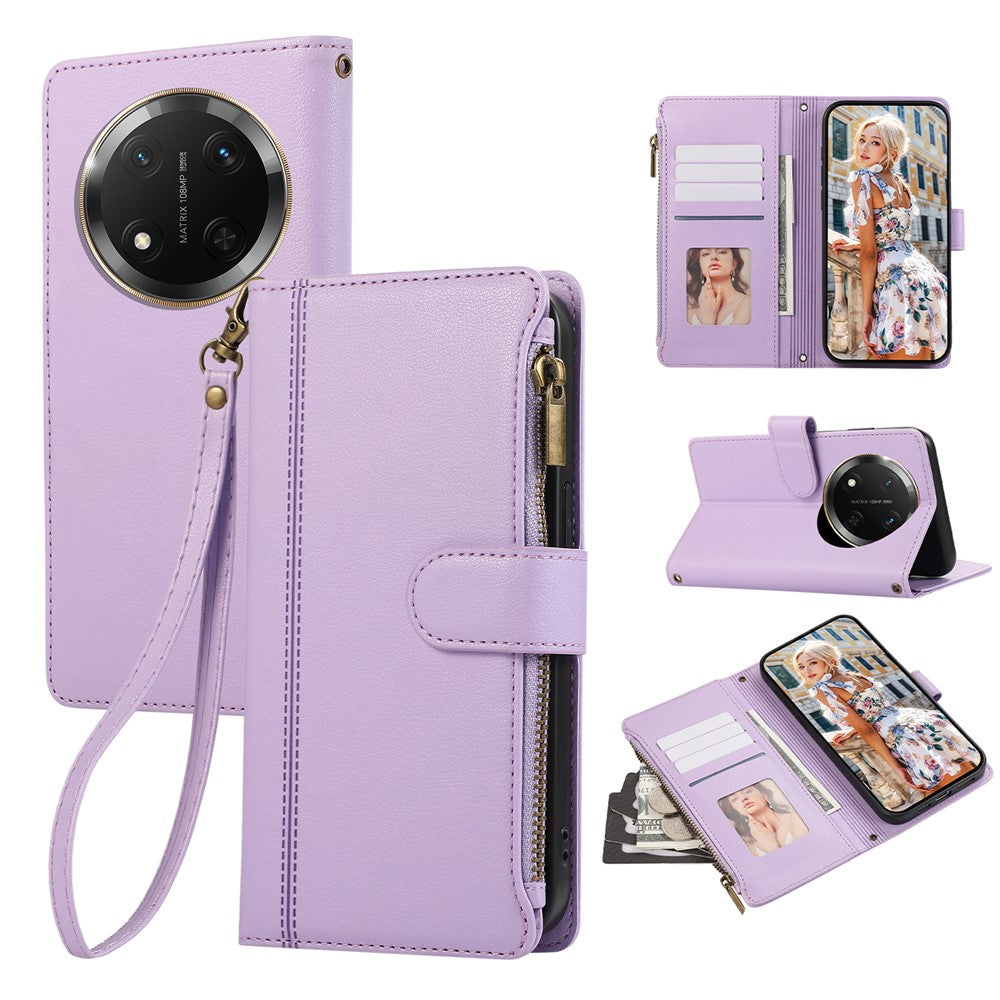For Honor X60 Pro 5G  /  X9c 5G  /  Magic7 Lite 5G Case Multi Card Slots Zipper Leather Phone Cover with Wrist Strap