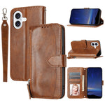 For iPhone 17 Case Zipper Pocket Wallet Leather Phone Cover with Wrist Strap