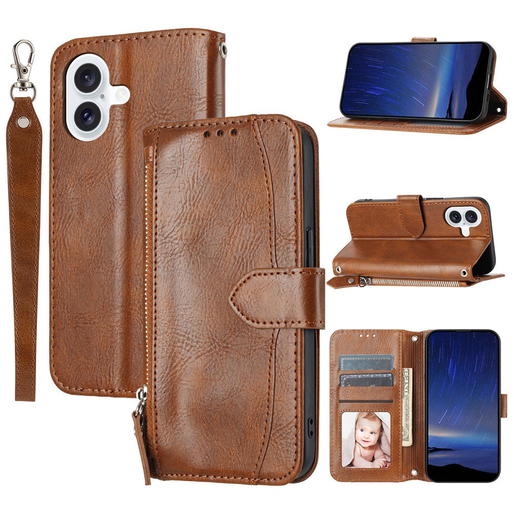 For iPhone 17 Case Zipper Pocket Wallet Leather Phone Cover with Wrist Strap