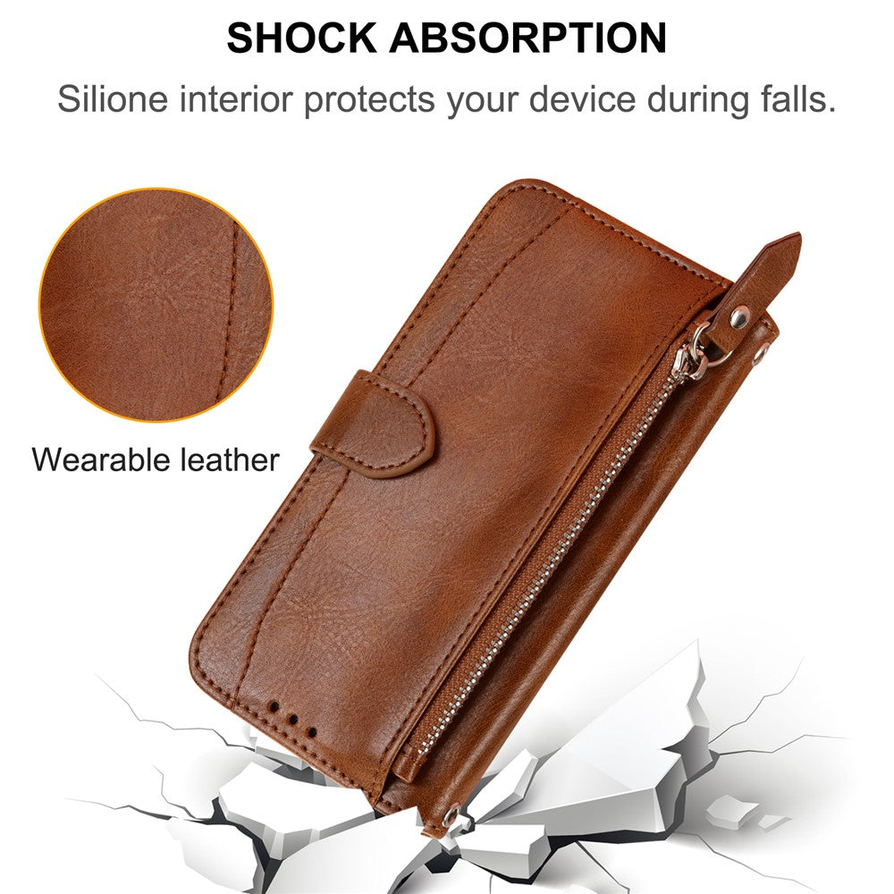 For iPhone 17 Case Zipper Pocket Wallet Leather Phone Cover with Wrist Strap