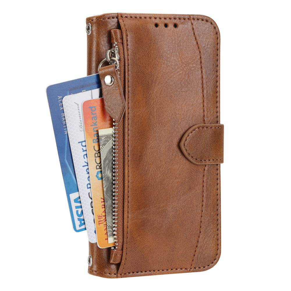 For iPhone 17 Case Zipper Pocket Wallet Leather Phone Cover with Wrist Strap