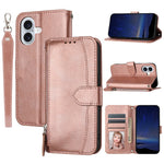 For iPhone 17 Case Zipper Pocket Wallet Leather Phone Cover with Wrist Strap