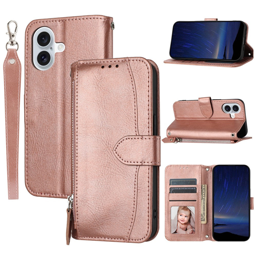 For iPhone 17 Case Zipper Pocket Wallet Leather Phone Cover with Wrist Strap