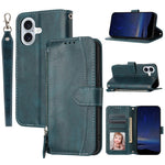 For iPhone 17 Case Zipper Pocket Wallet Leather Phone Cover with Wrist Strap