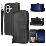 For iPhone 17 Case Zipper Pocket Wallet Leather Phone Cover with Wrist Strap