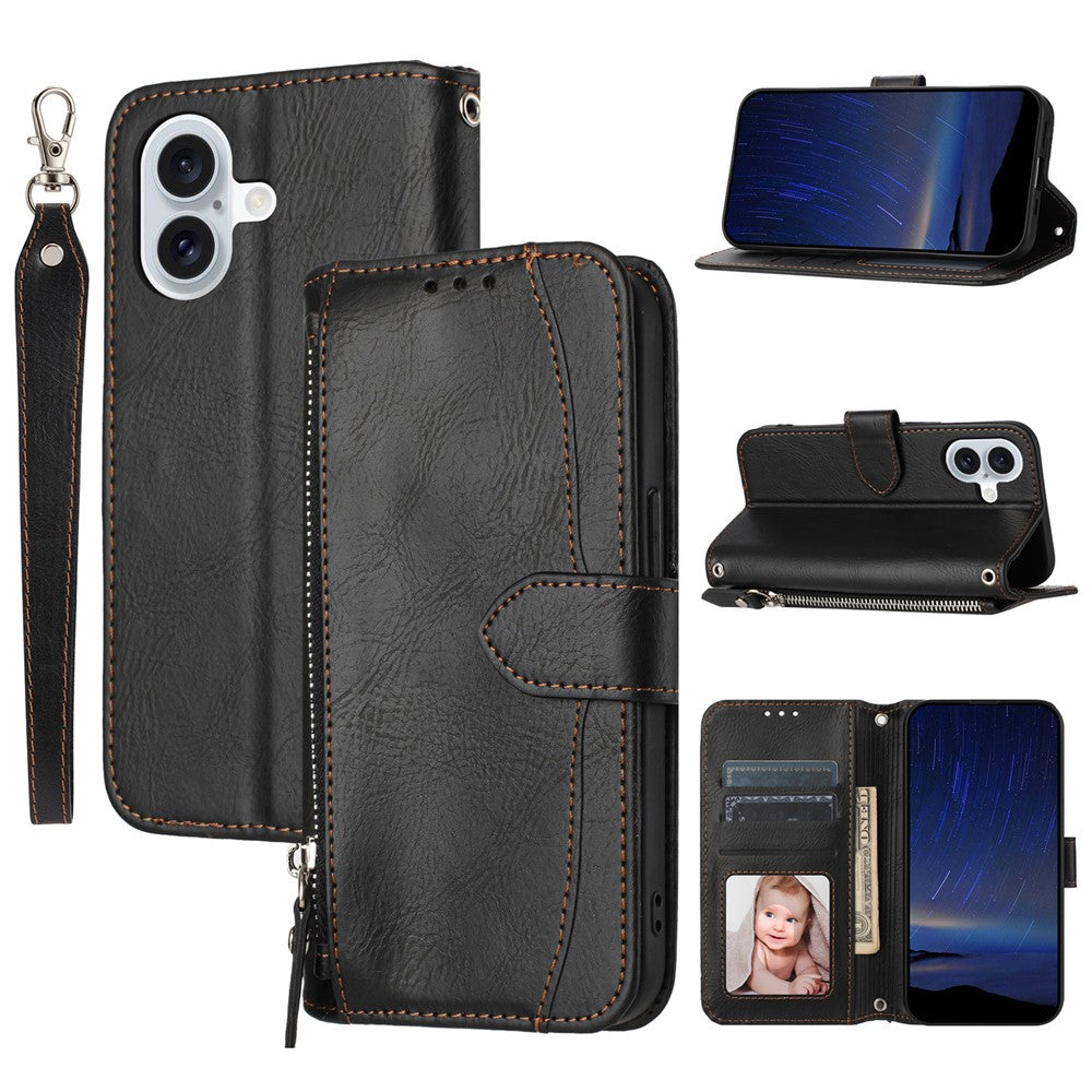 For iPhone 17 Case Zipper Pocket Wallet Leather Phone Cover with Wrist Strap