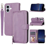 For iPhone 17 Case Zipper Pocket Wallet Leather Phone Cover with Wrist Strap