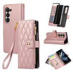 For Samsung Galaxy Z Fold7 5G Case Multi Card Slots Zipper Rhombus Leather Phone Cover with Wrist Strap