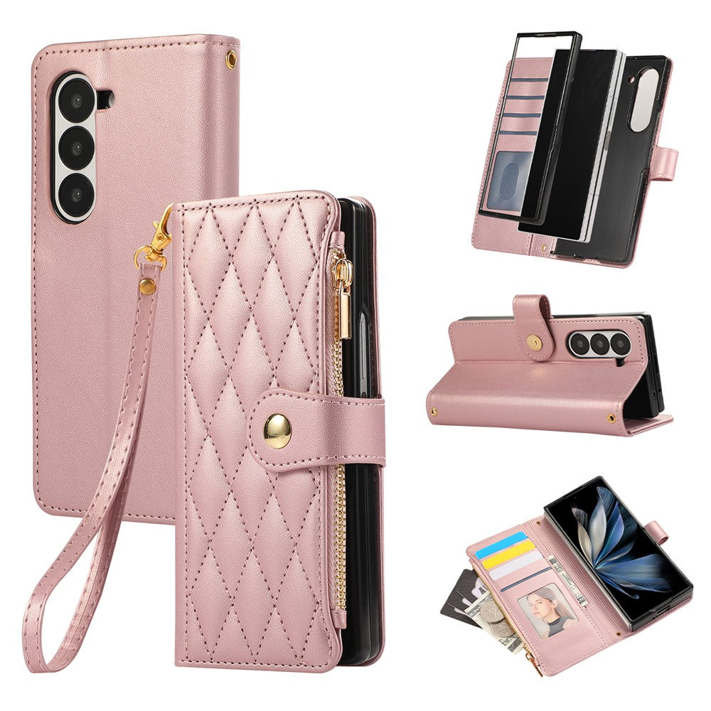 For Samsung Galaxy Z Fold7 5G Case Multi Card Slots Zipper Rhombus Leather Phone Cover with Wrist Strap